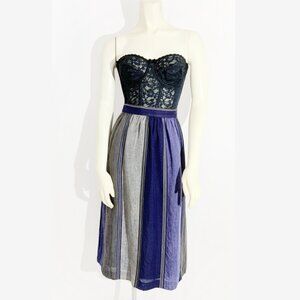 Vintage Navy Striped Linen Blend Midi Skirt / size Small